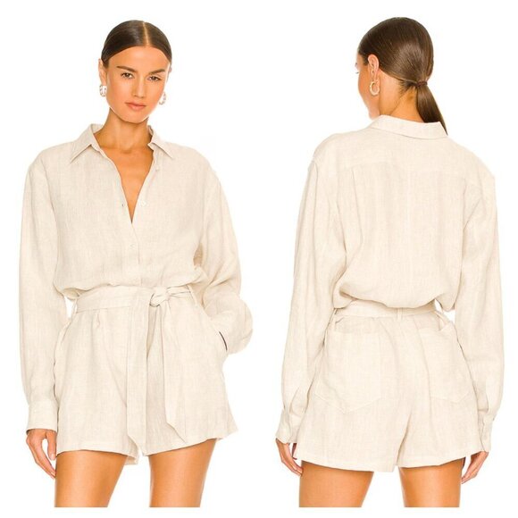 NWT Marissa Webb Rowan Linen Button Down Romper Lightweight in Flax Beige 4 - Picture 1 of 8